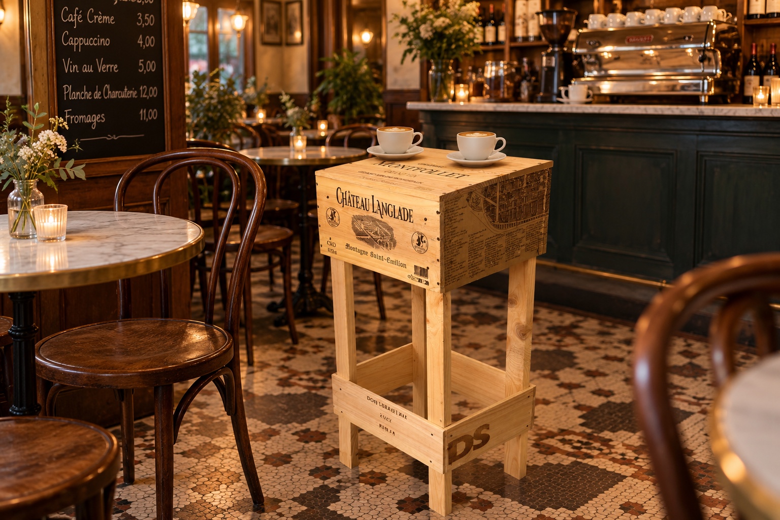 Weinkistentisch Château Langlade im Café
