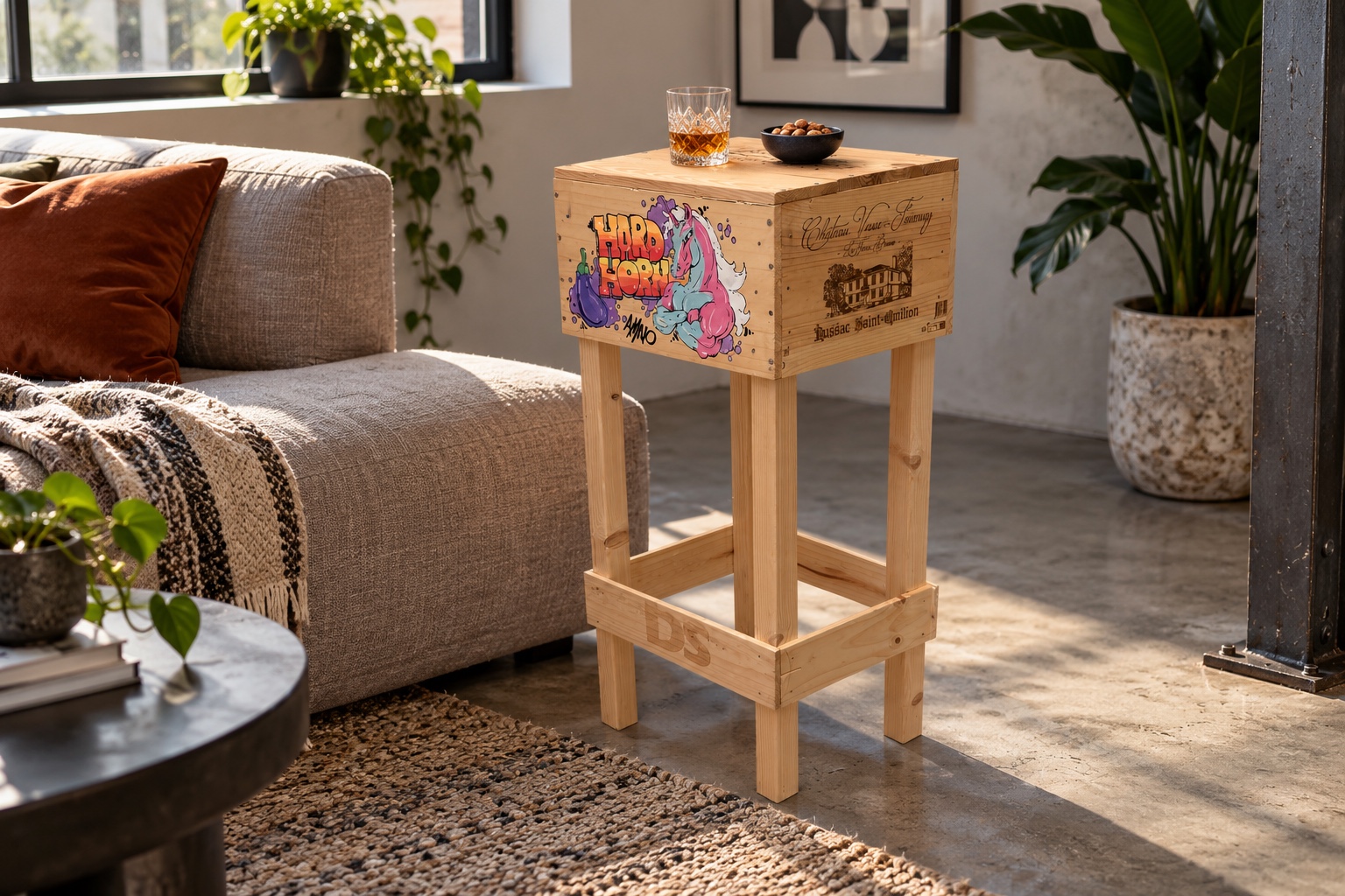 Weinkistentisch mit Einhorn-Motiv neben einem Sofa
