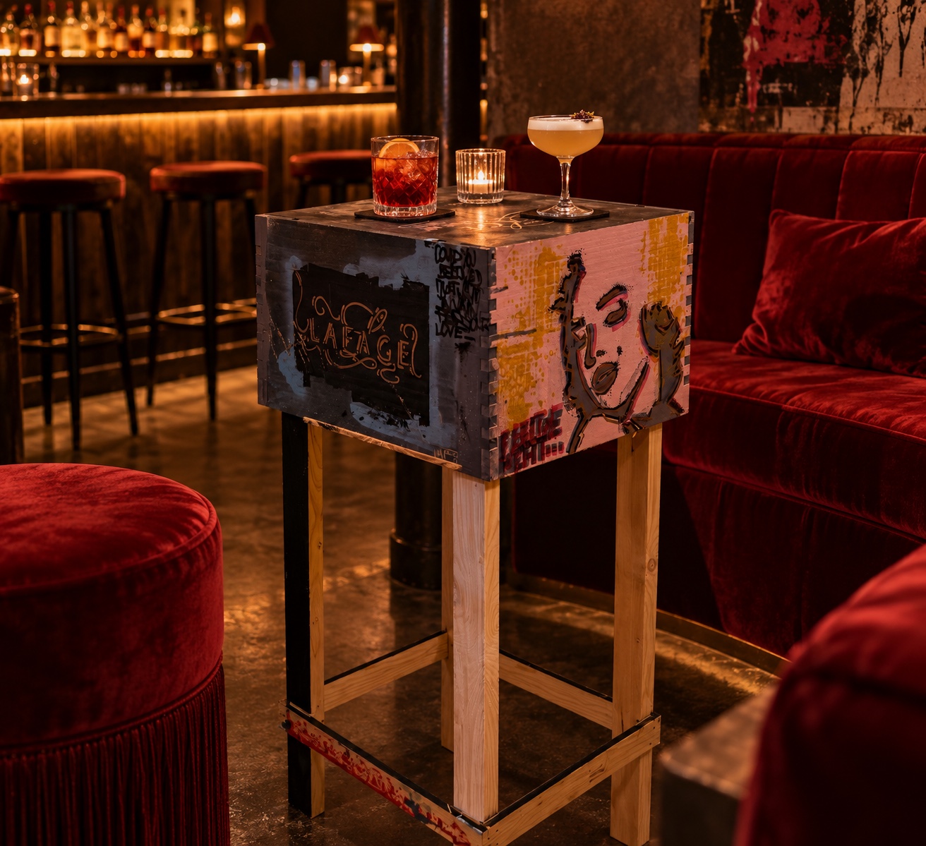 Weinkistentisch mit Streetart in einer Bar