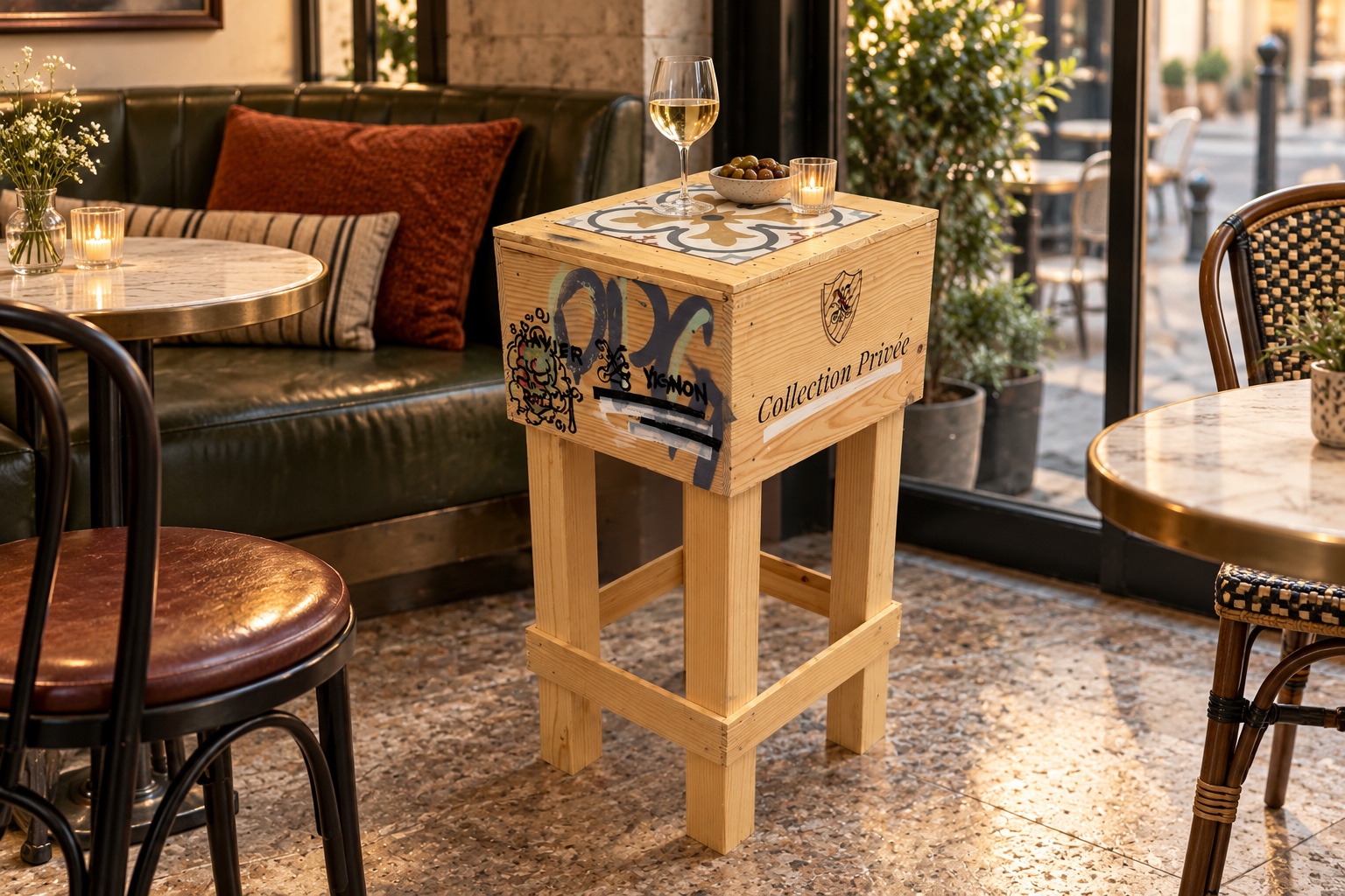 Weinkistentisch mit verzierter Tischfläche im Bistro