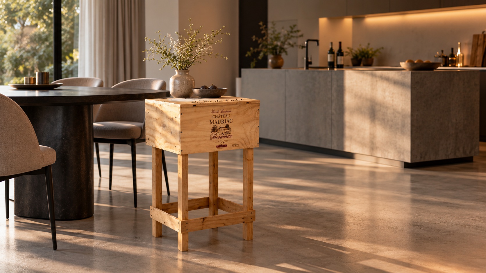 Warmer Küchenbereich mit Weinkisten-Tisch